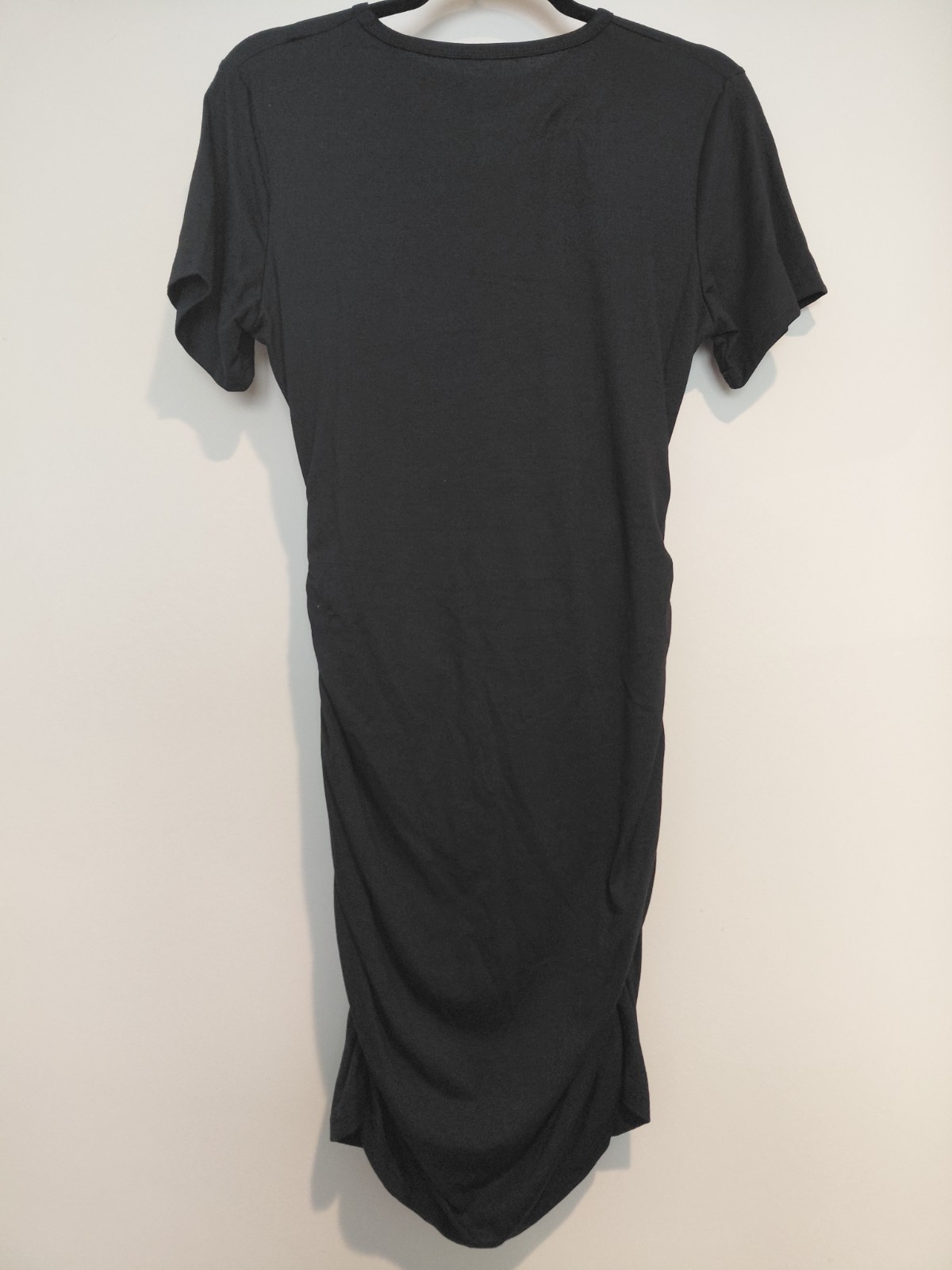 Black Ruched Bodycon Midi Dress Large NWOT Short Sleeve Stretch Casual