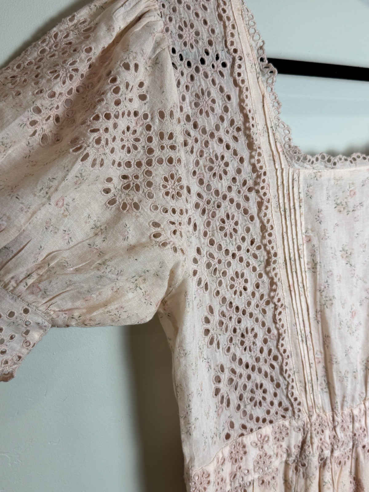 LoveShackFancy Helena Pink Eyelet Floral Square Neck Puff Sleeve Maxi Dress SZ 8