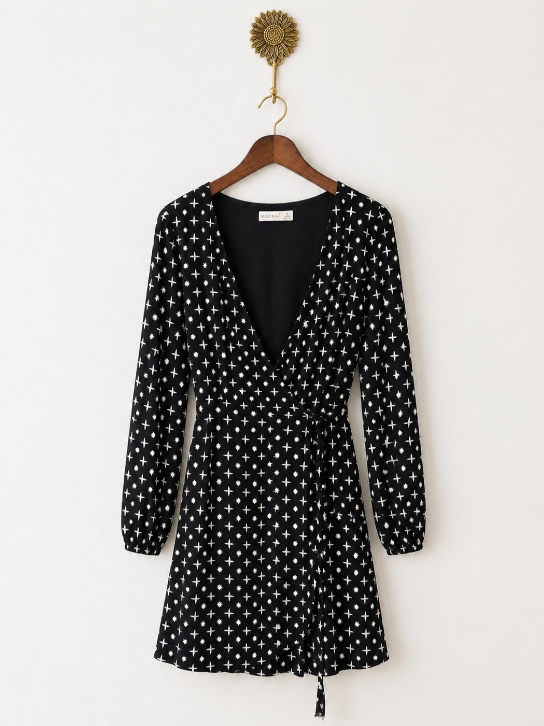 Kookai Black and White Star Print 100% Viscose Wrap Mini Dress Size 8