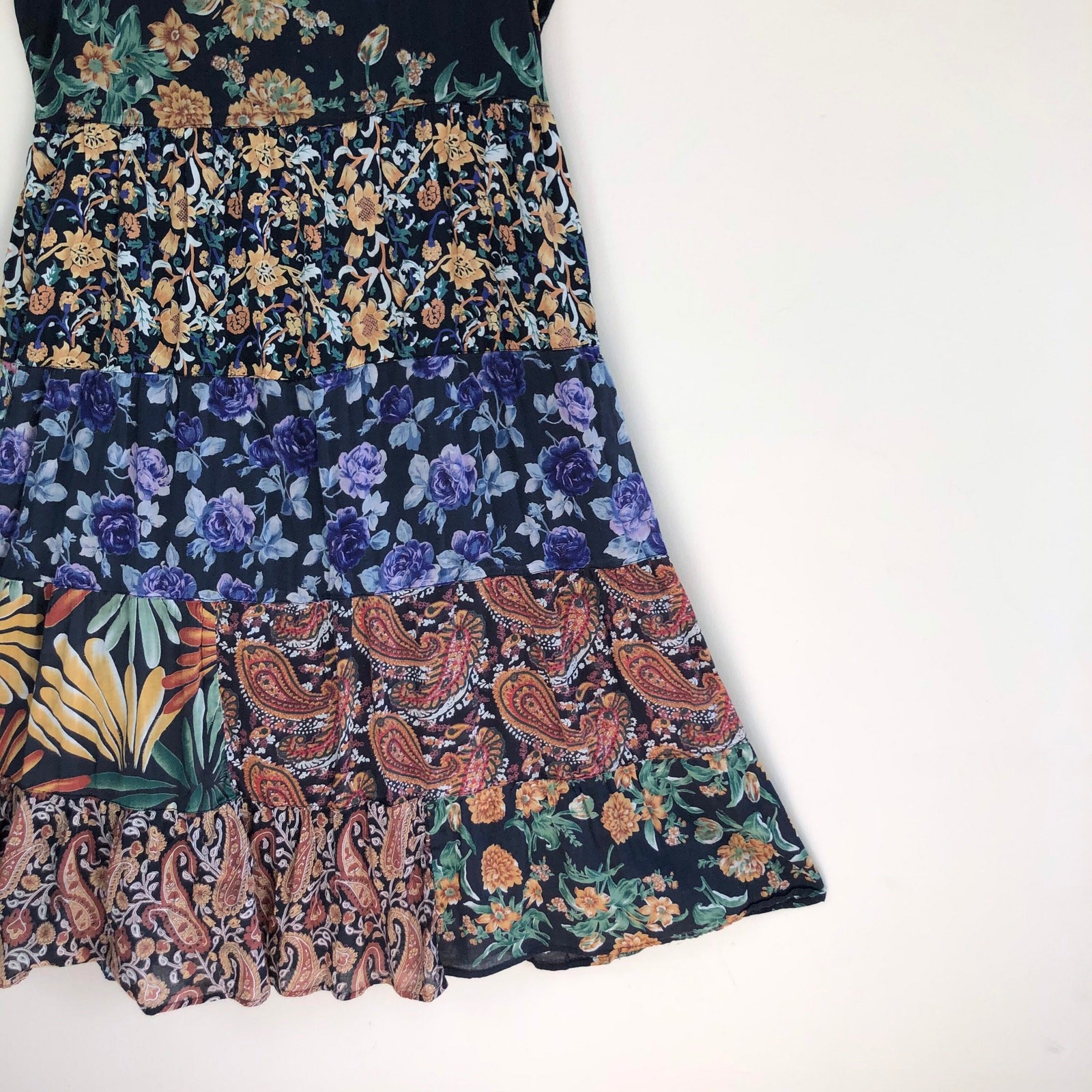 vintage india cotton gauze patchwork black floral dress 90s sheer cottagecore