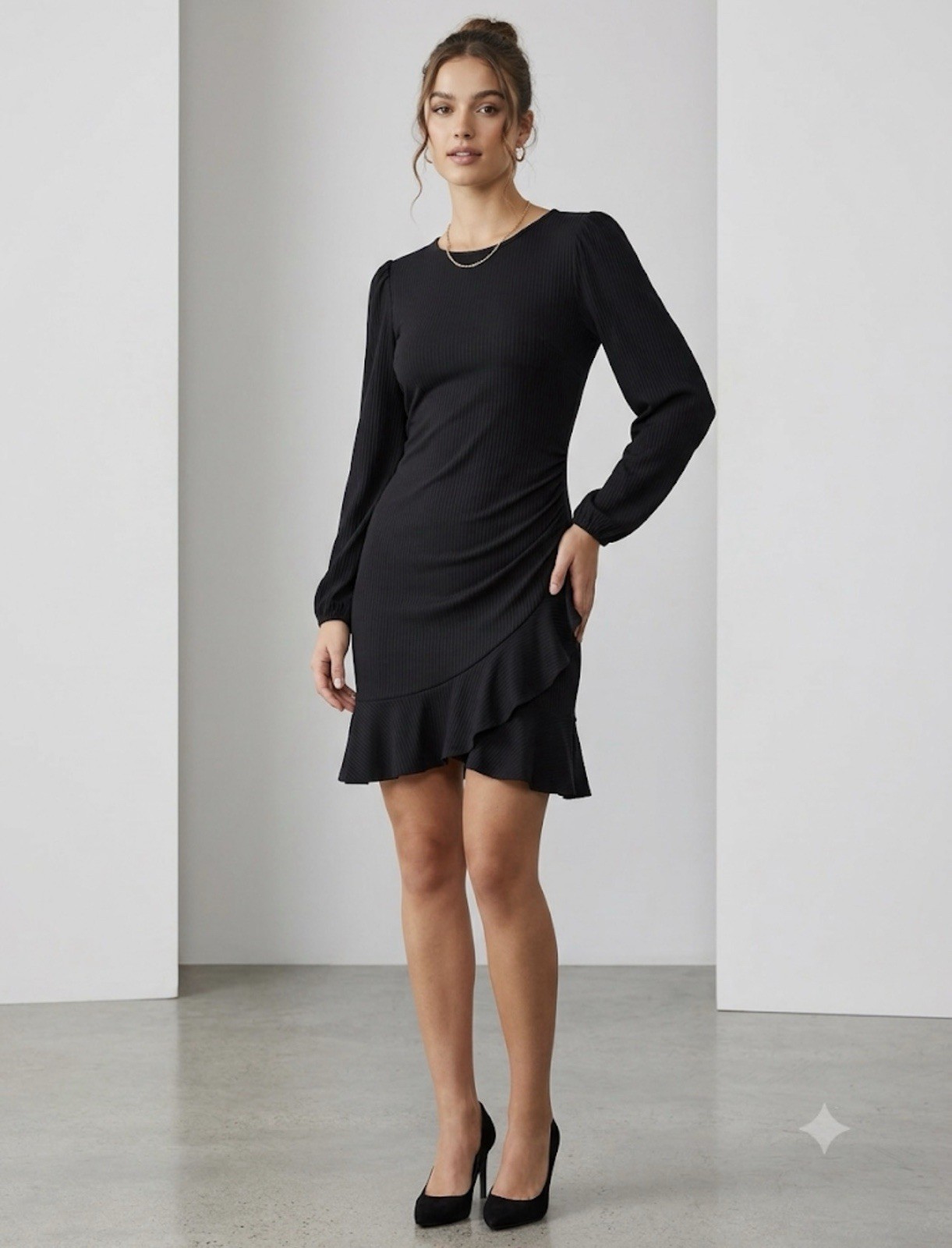 Byinns Women’s Black Ribbed Knit Ruched Ruffle Short Dress Round Neck L/S L