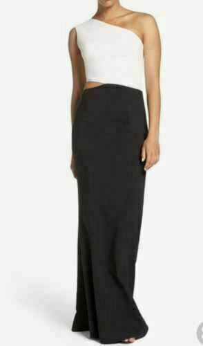 MARIA BIANCA NERO Colorblock One-Shoulder Woven Gown Sz 2 Black-Ivory