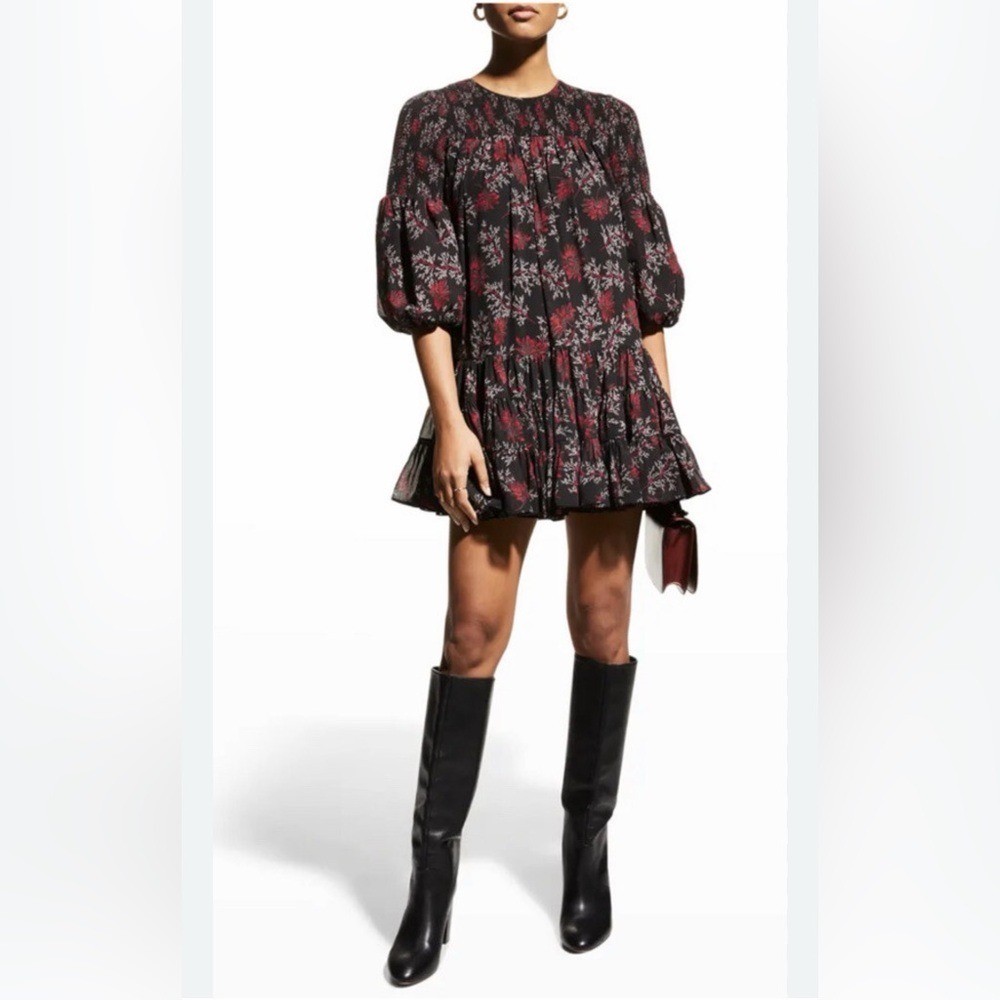 Cinq a Sept billowed sleeve rika mini dress floral print black and red size 2