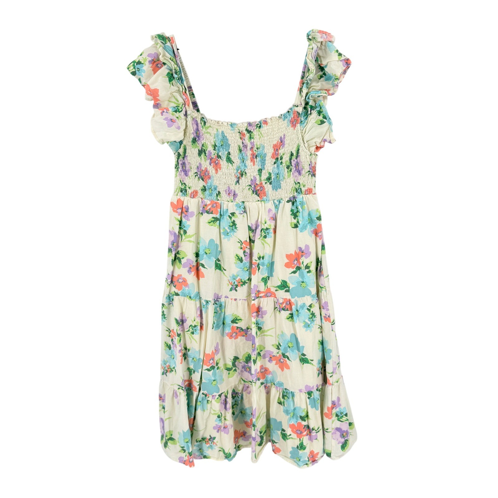 Blueberi Boulevard Floral Smocked Midi Dress Cream XXL Cottagecore Boho Ruffle