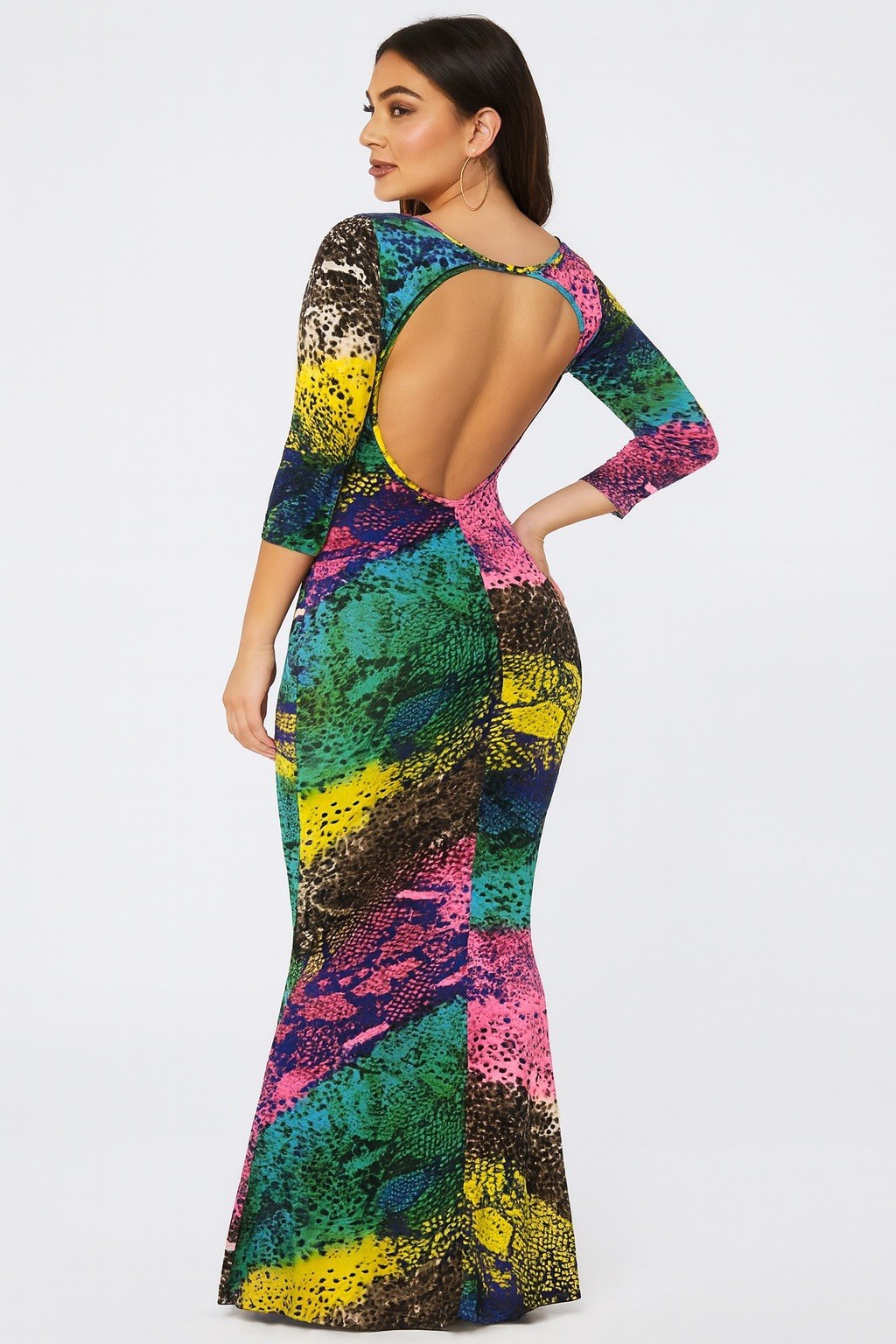 Auditions Maxi Dress Open Cut Out Keyhole Back Snake Rainbow Jersey Stretch L