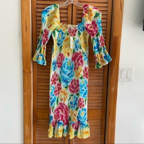 NEW Mochi Marianna OTS Smocked Floral Silk Dress Size Large (L)