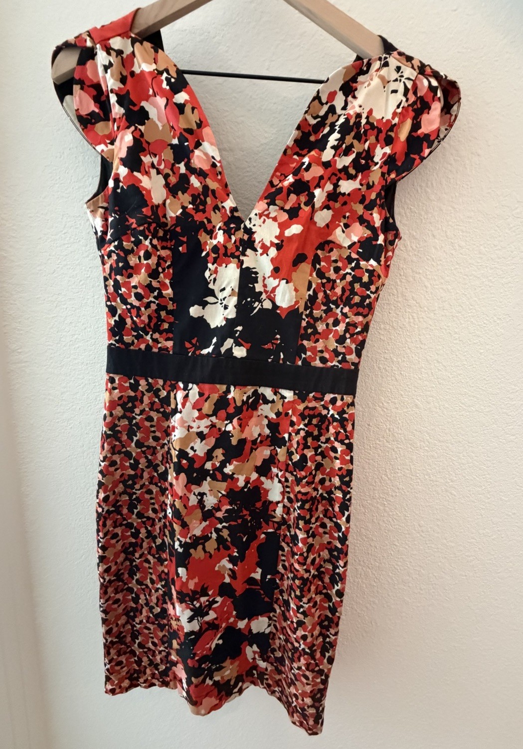 French Connection Black/Red/Orange Abstract Multicolor Knee Length Dress Sz 0