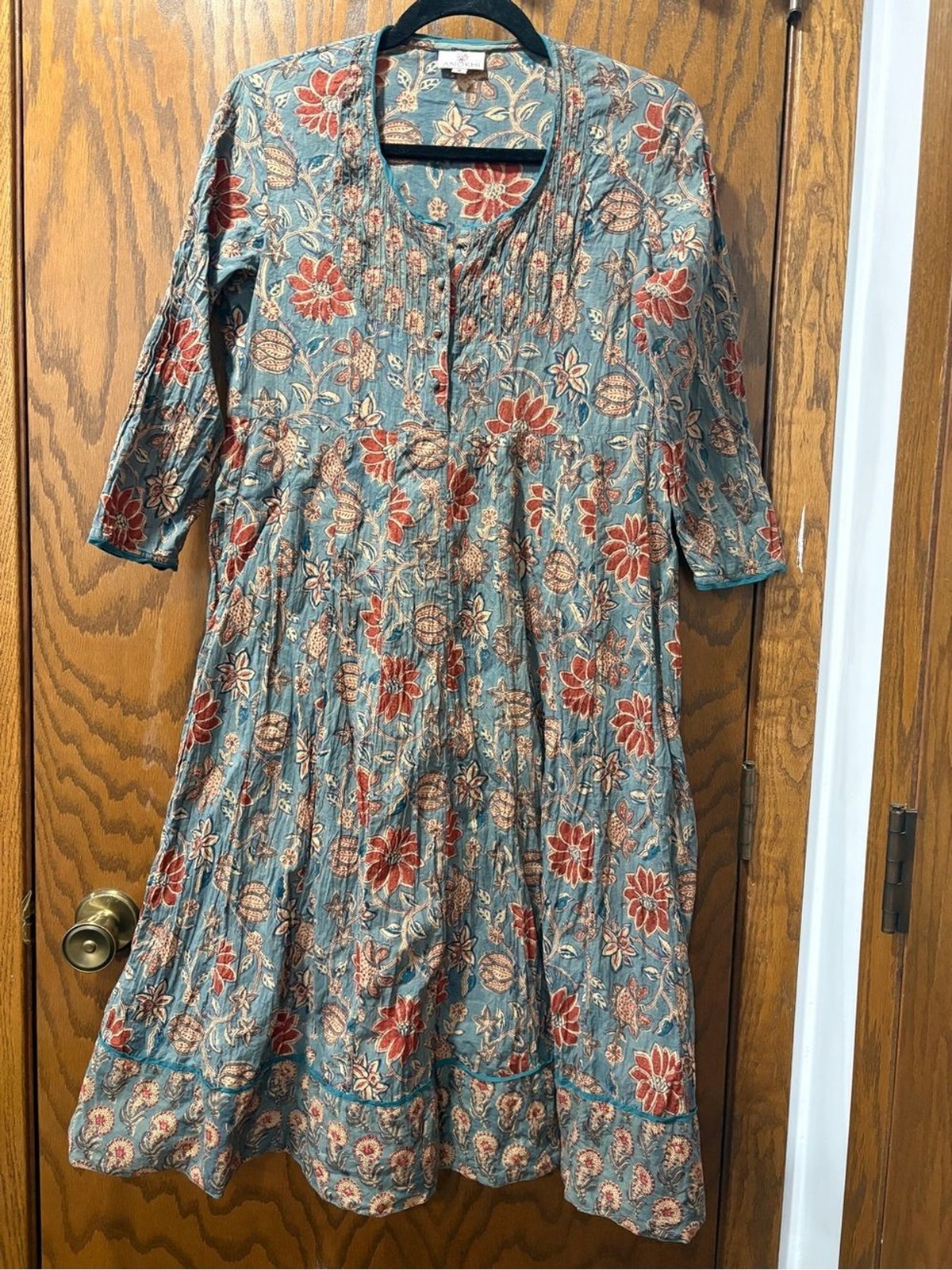 Anokhi Boho Floral Midi Dress Teal & Rust Copper 100% Cotton 3/4 sleeve Small
