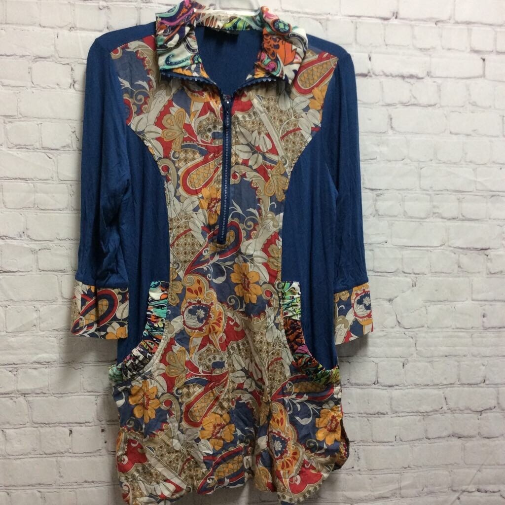Kaktus Womens Tunic Dress Blue Paisley Spliced Long Sleeve Pockets Artsy S