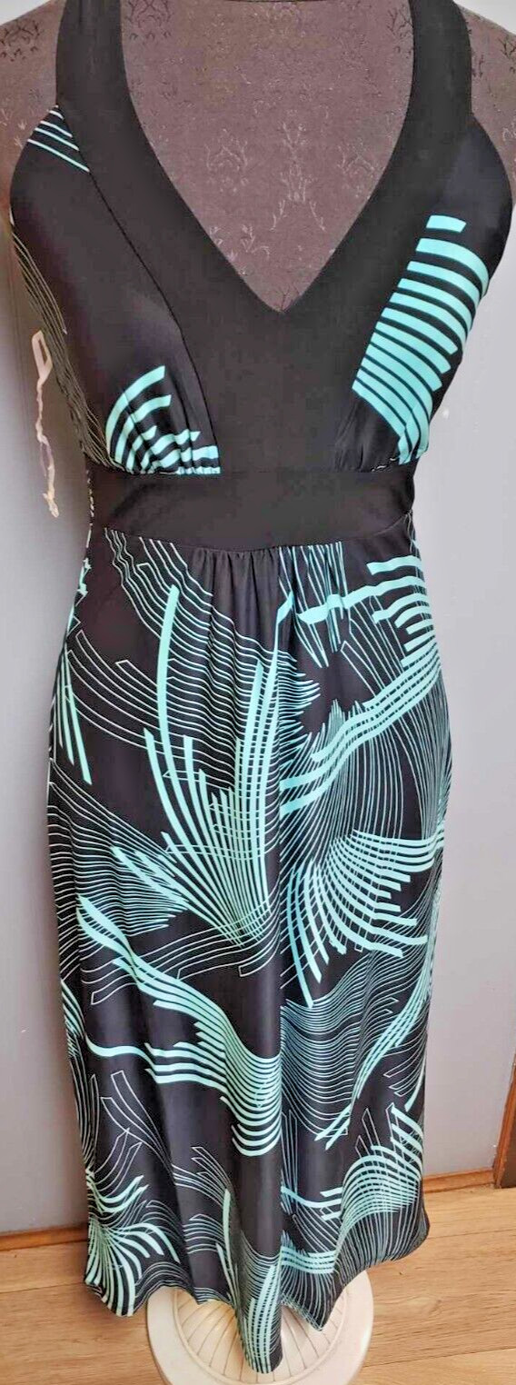 Women’s Floral Tropical Flower Long Dress Cute Sexy Aqua Blue Black Medium NEW