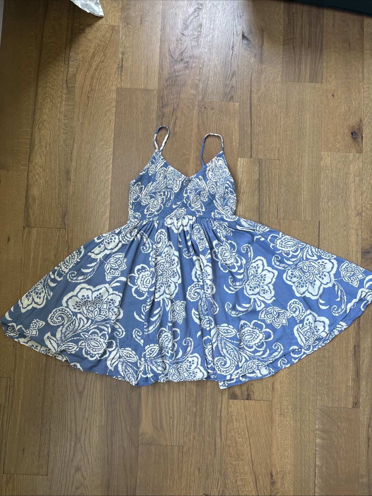 ANGIE Size L Blue White Tunic/Mini Dress Smocking Runs Small Boho Cottagecore