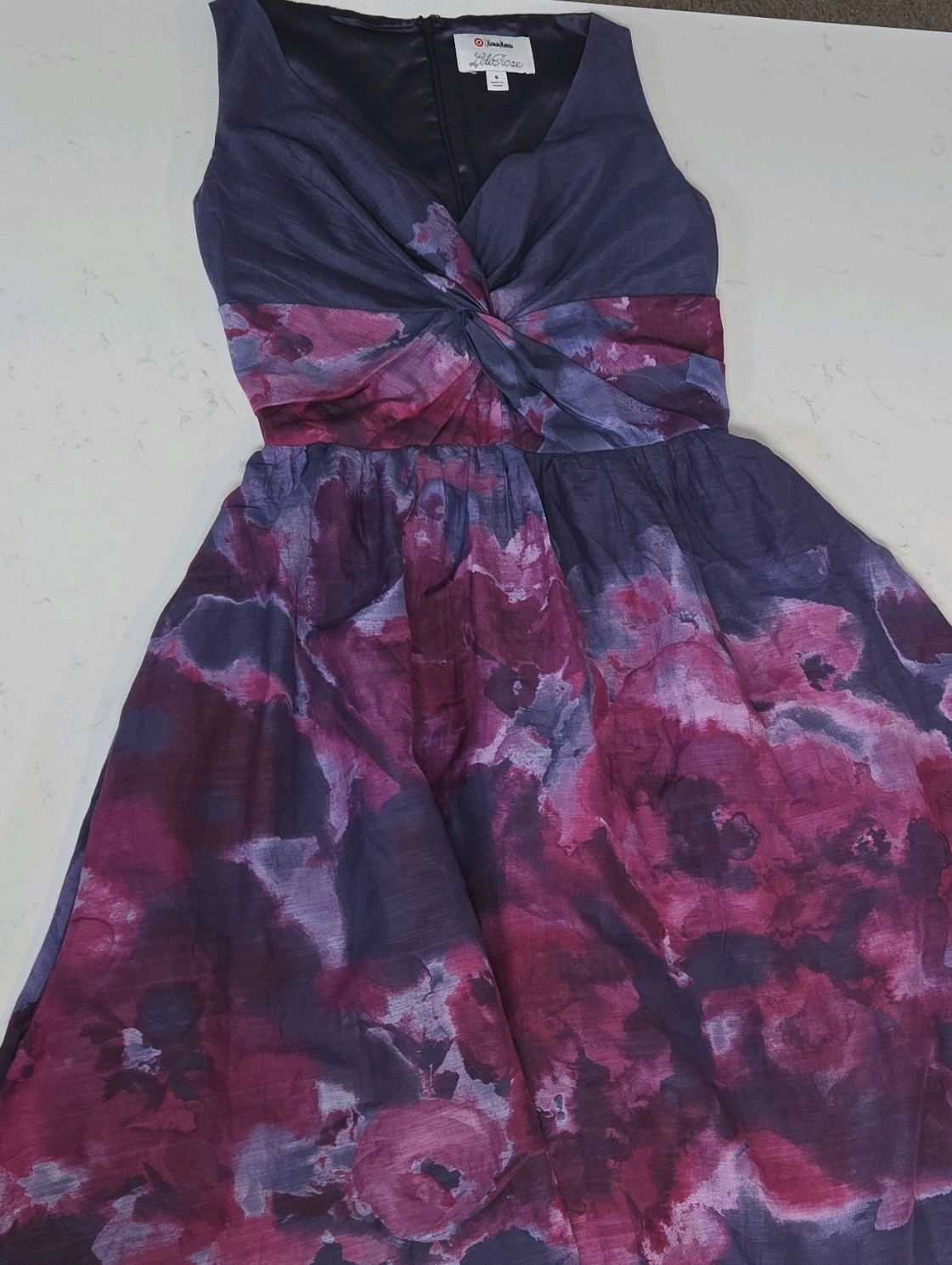 Lela Rose V-Neck Sleeveless Fit & Flare Hi-Low Lined Zip Dress Floral 6