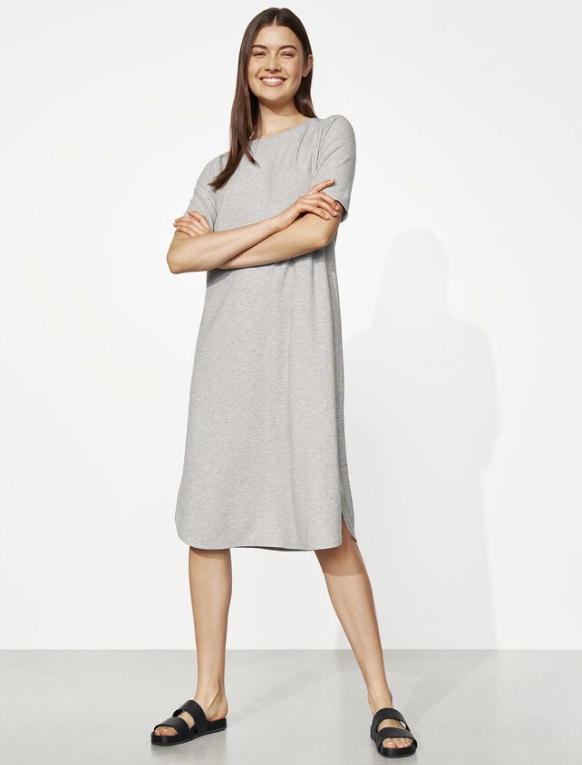 Eileen Fisher Tencel Rib Crew Neck Dress Size Large Calf Length Elbow Sleeve NWT