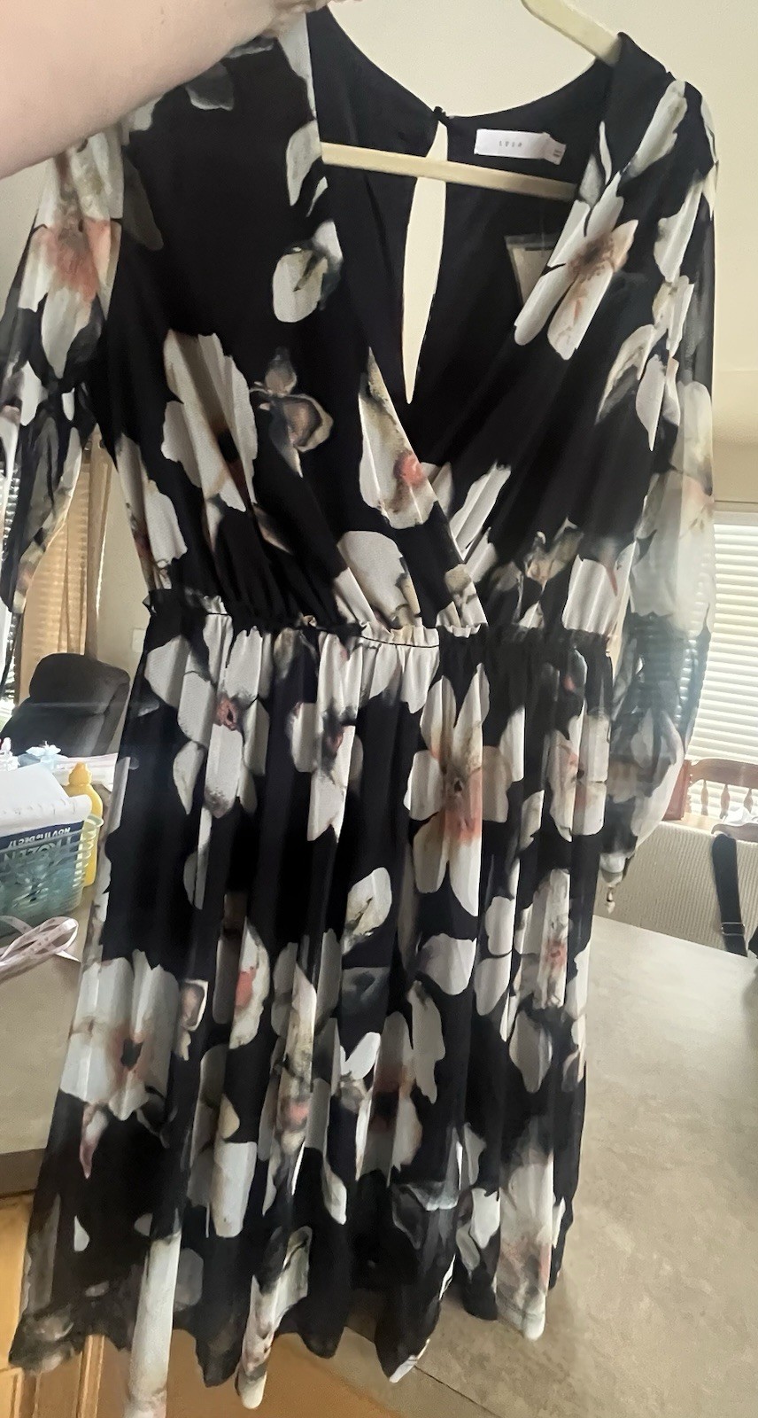 NWT Black Floral Dress – Size Large – A-Line – Sheer Half Sleeves – Lined