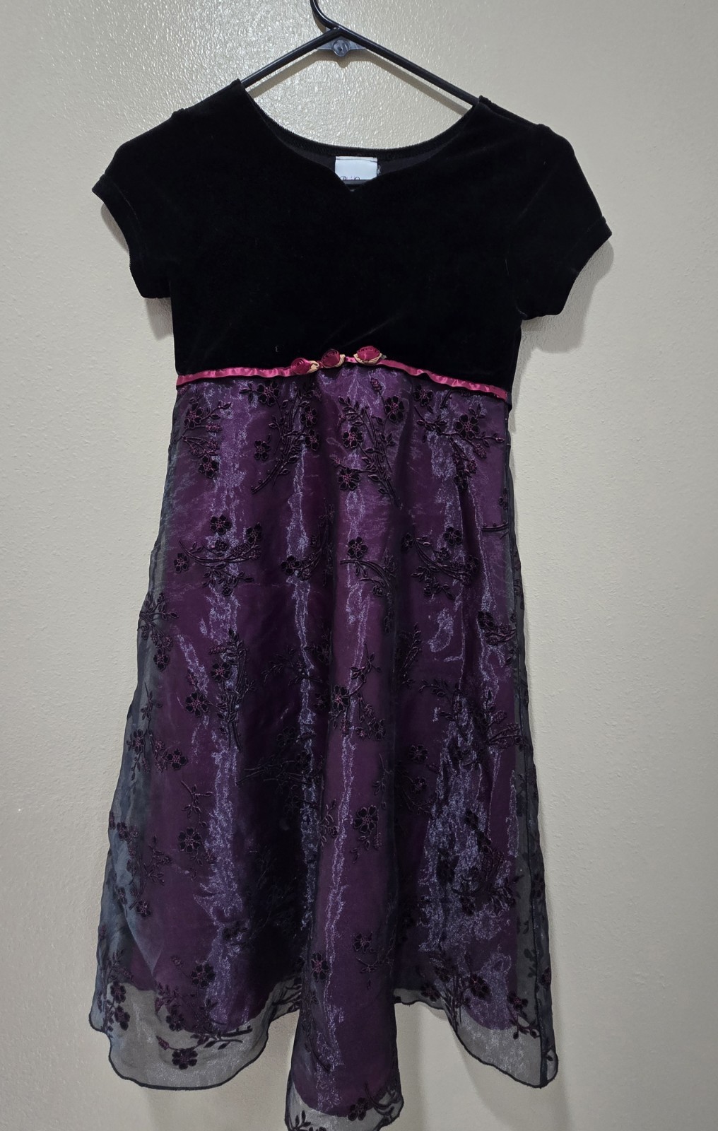 Rose Cottage Black Purple Velvet Embroidered Floral A-Line Dress Child’s Size 10