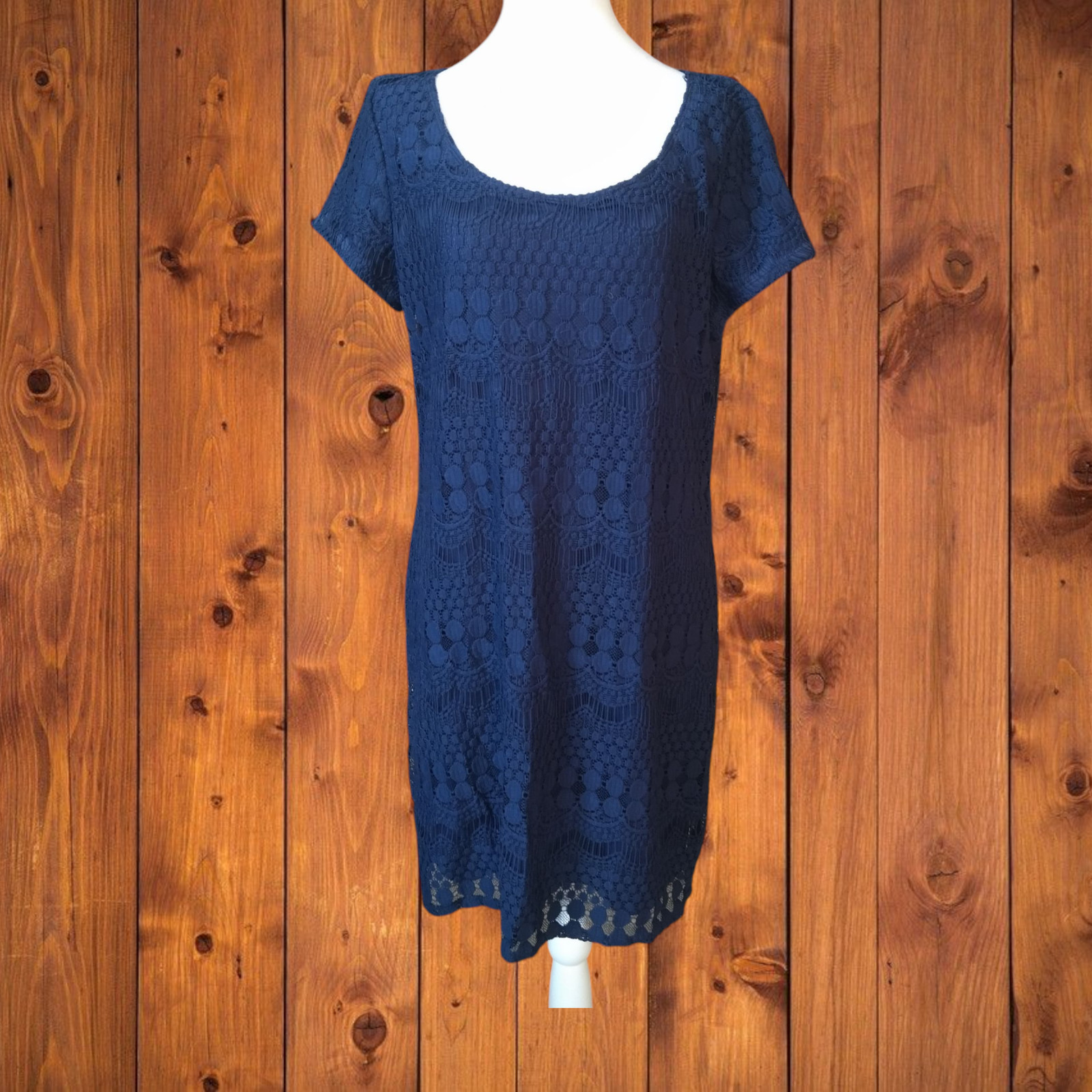 Tiana B. Women’s XL Navy Blue Open Crochet Lace Overlay Short Sleeve Dress