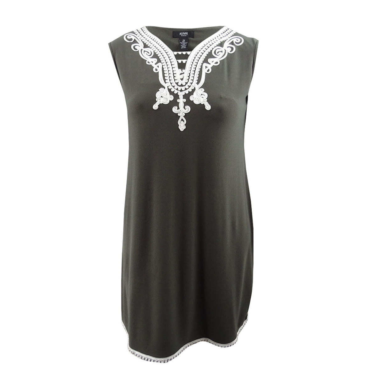 ALFANI Petite Graphic Soutache Trim V-Neck Sleeveless Shift Dress, PXS Olive