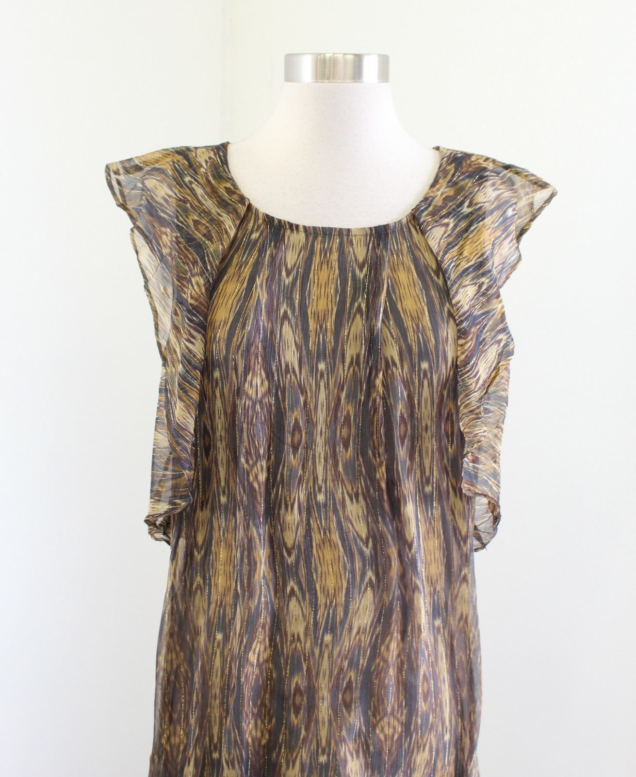 NWT Ella Moss Metallic Flutter Sleeve Printed Dress Size S Gold Green Ikat Silk