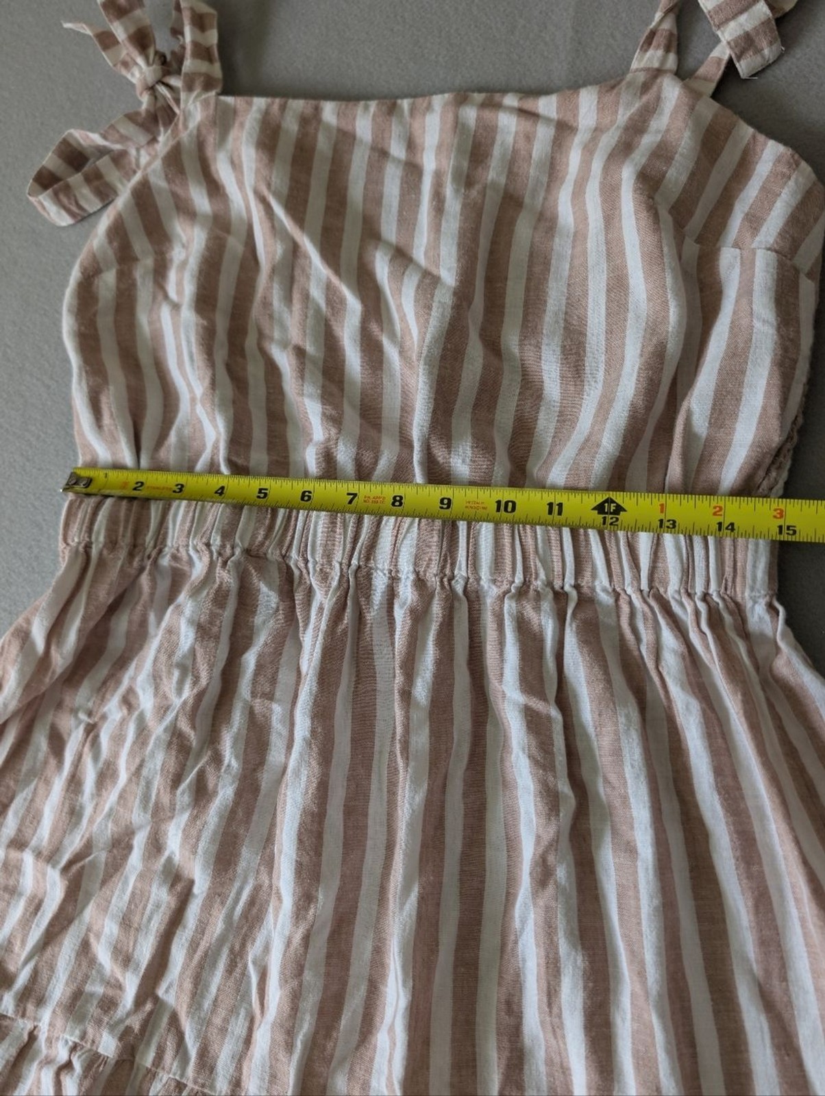 Linen Blend Tie Strap Ruffle Tier Coastal Neutral Striped Midi Dress Sz L Beach