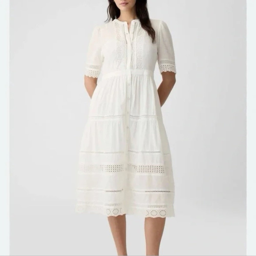 GAP Lace Trim Ivory Short Sleeve 100% Cotton Midi Dress Size XSP