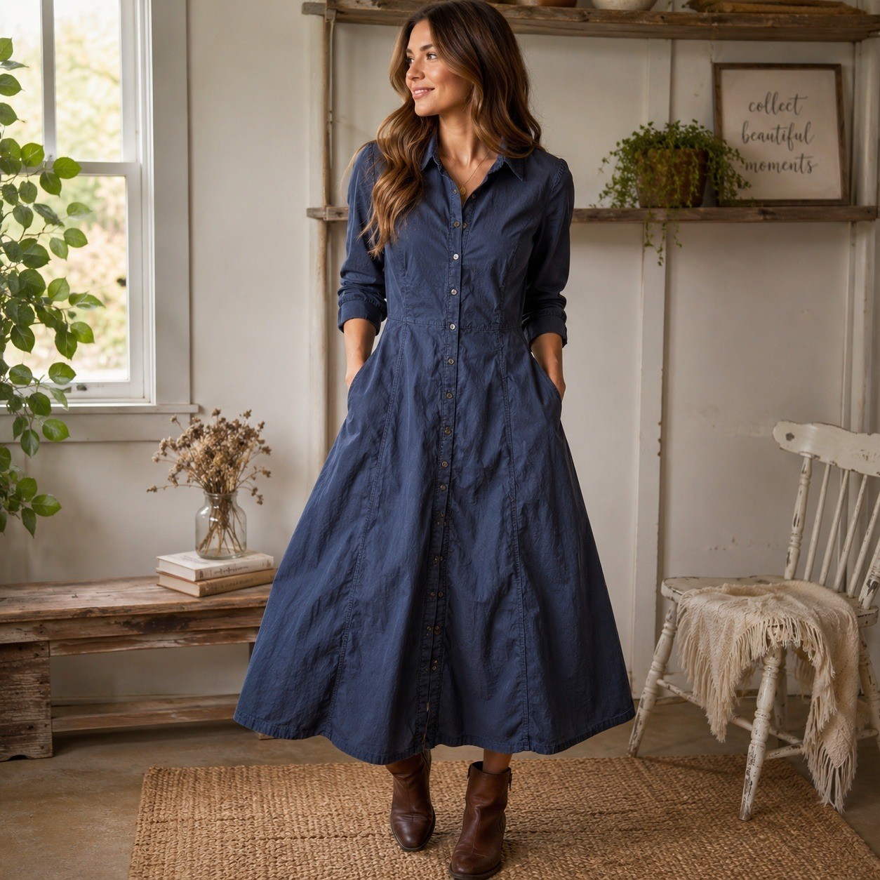 Boden Navy Blue Corduroy Maxi Shirt Dress Long Sleeve Cotton Pockets US 20-22 L