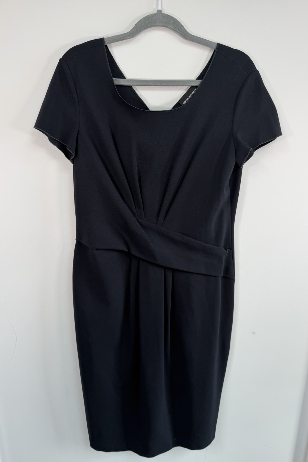 Emporio Armani Black Sheath Dress IT 48 Square Neck Ruched Short Sleeve