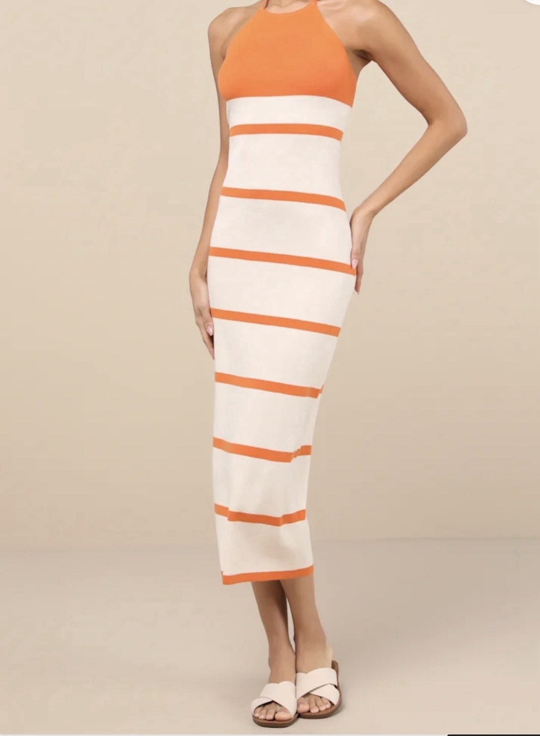 Lulus Orange & Ivory Stripped Knit Fitted Halter Midi Dress XS Y2K summer Beach