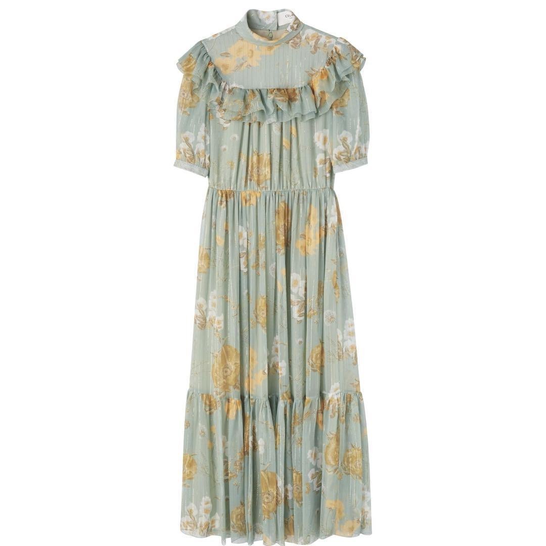 CELINE Mint Green Floral Silk Metallic Ruffle Chiffon Maxi Dress Size 36 US 4