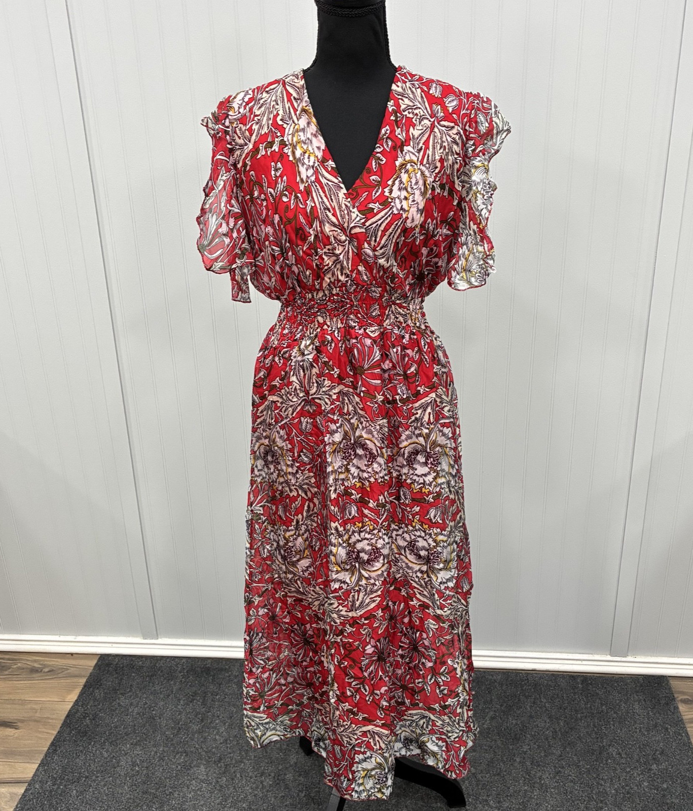 Le Ragazze Women’s Large Red Made in Italy Floral Silk Blend Midi Dress Designer