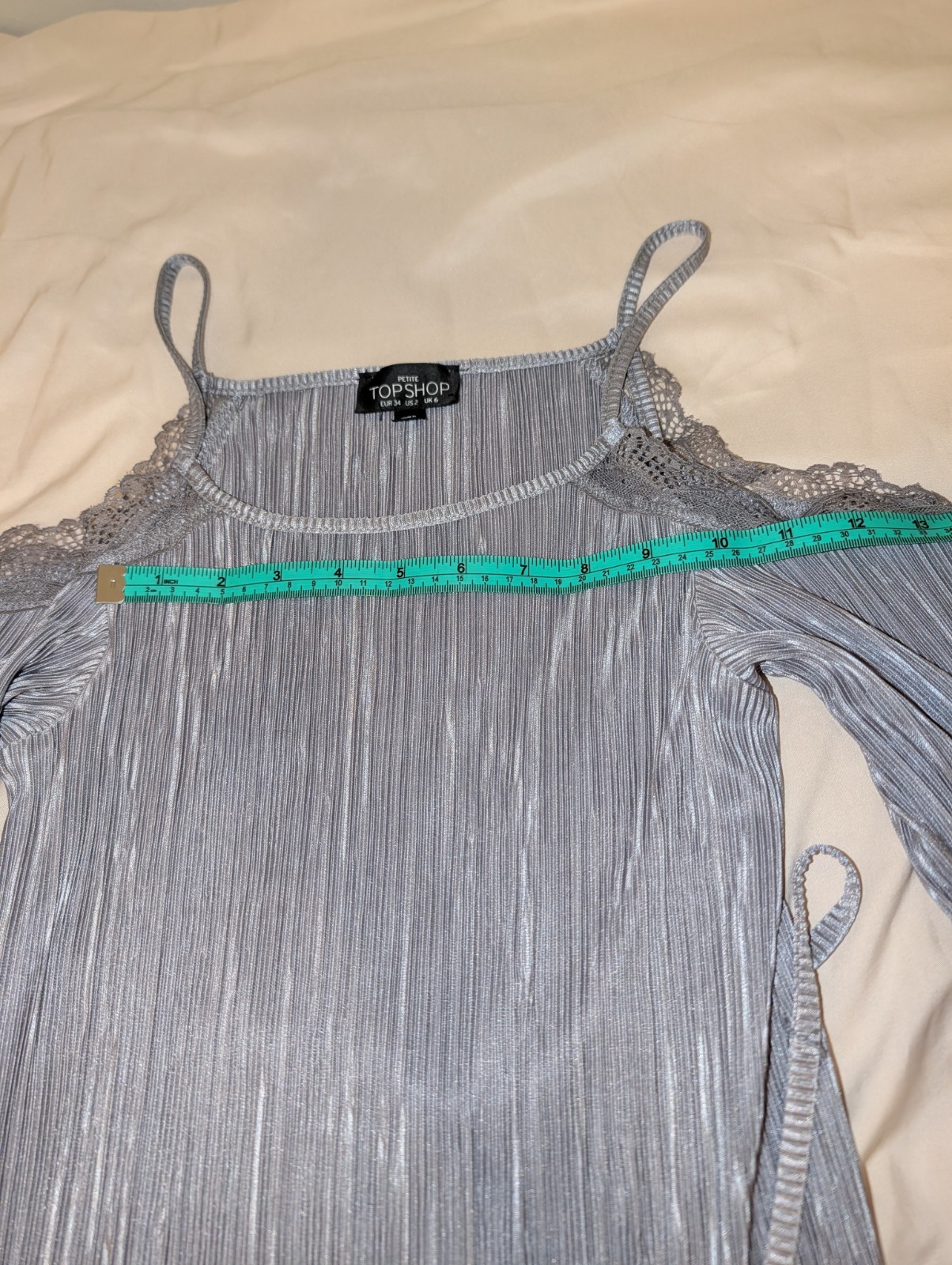 Topshop Silver Shift Dress Scoop Neck Cold Shoulder Pleated Lace Tie Belt 2