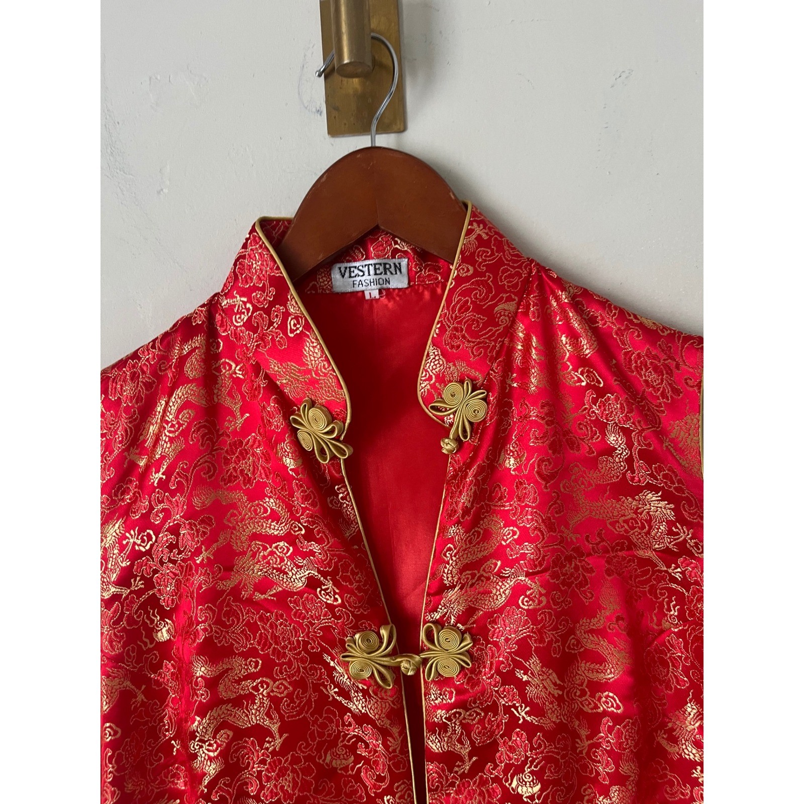 Vestern Fashion Red Gold Dragon Brocade Cheongsam Qipao Maxi Dress L Sleeveless