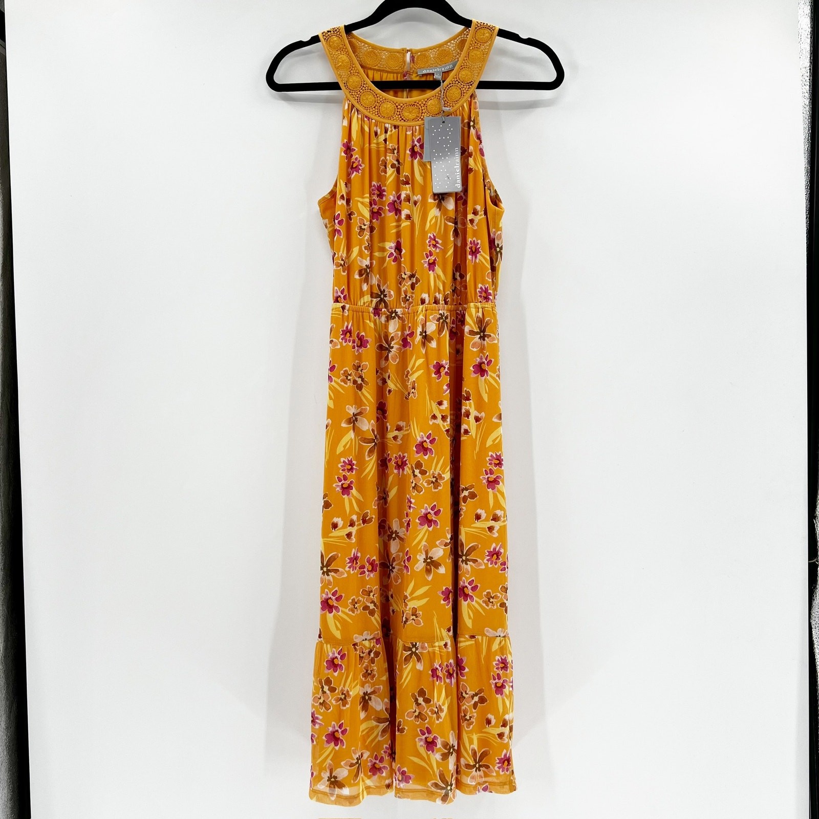 NWT Danielrainn Women’s Yellow Floral High Neck Sleeveless Blouson Midi Dress M