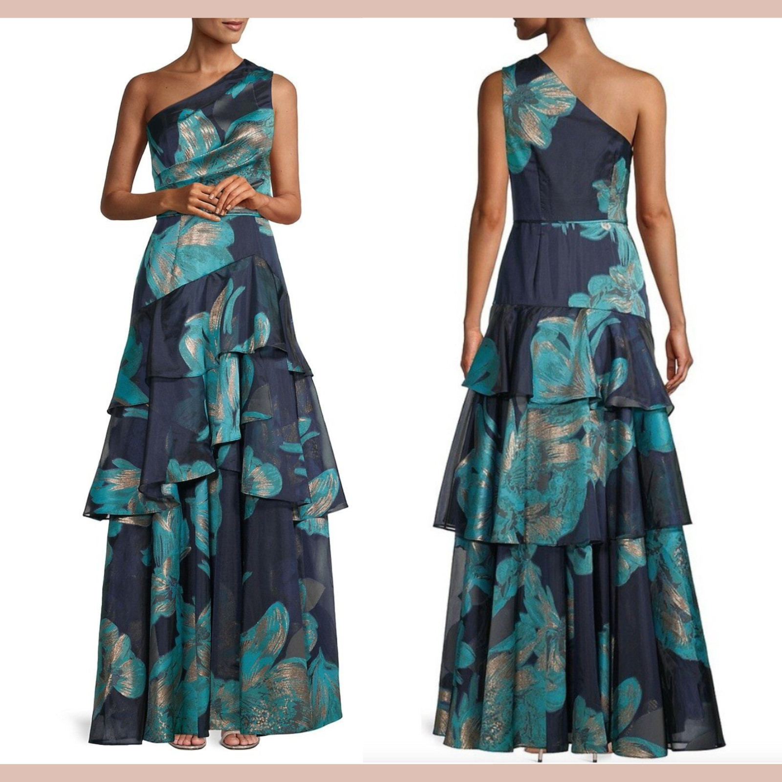 NWT Aidan Mattox [ 10 ] One Shoulder Tiered Ruffle A-Line Metallic Gown J2006