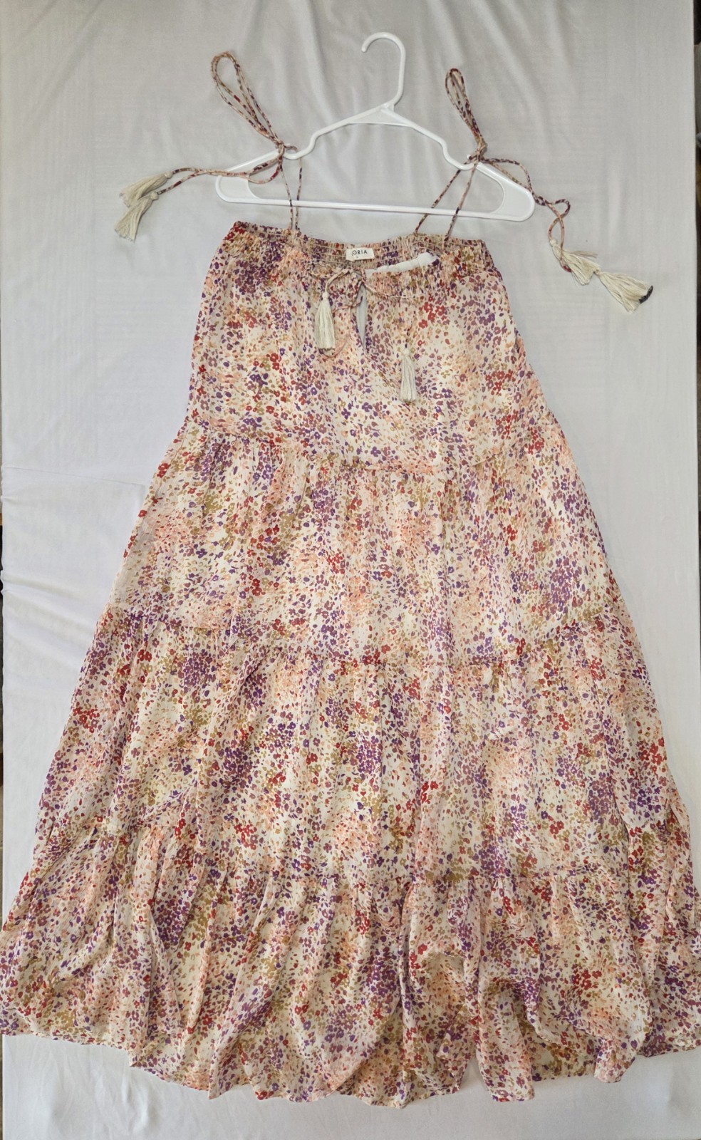 STORIA Ruffled Tiered Maxi Spring Sundress Sz S Tie Straps Boho Cottage Whimsy