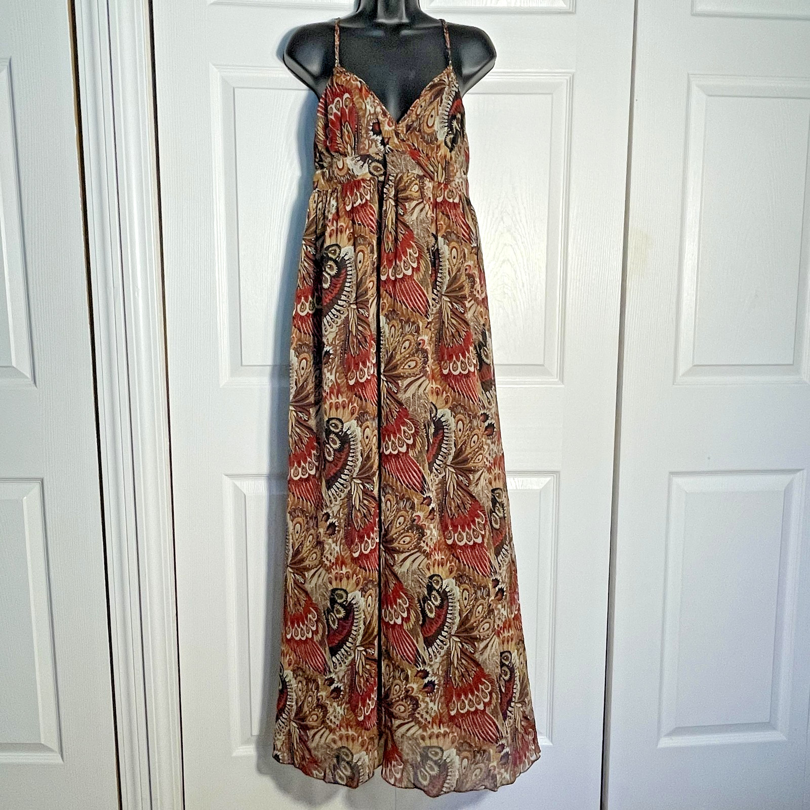 LA City Boho Maxi Dress Women 3 Brown Red Feather Print Chiffon Y2K Babydoll