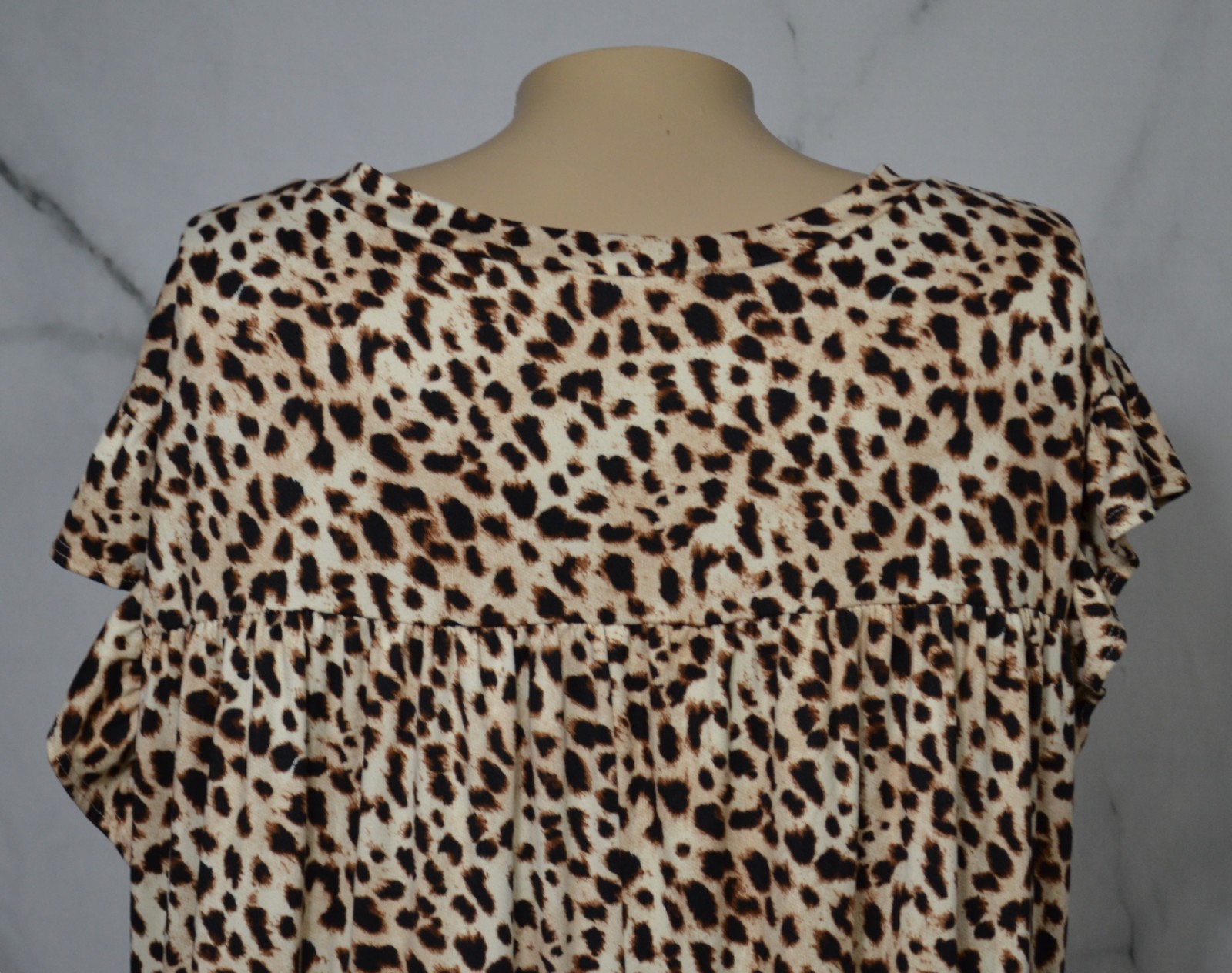 ENTRO Tan Brown Black Leopard Print Mock Neck Ruffle Sleeve Tiered Dress Large