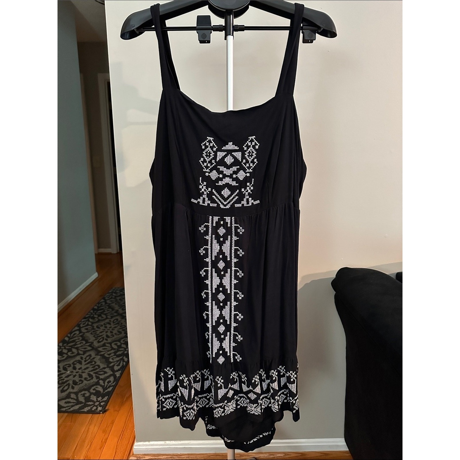Rewind Black Mini Dress with White Embroidered Accents