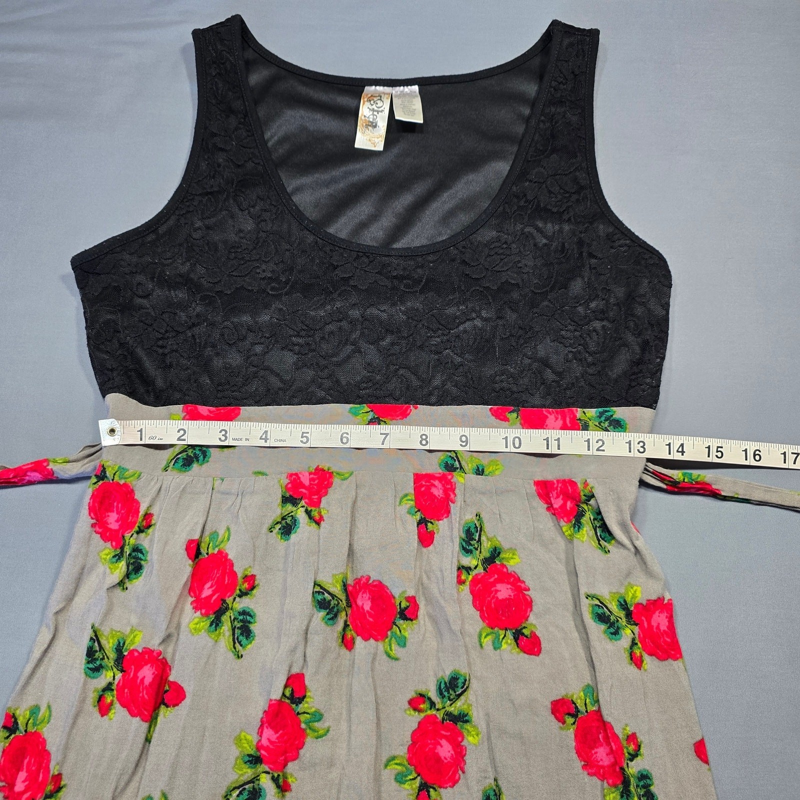 L8ter Black Gray Dress Mini Stretch Preppy Floral Lace Sleeveless Womens Size M