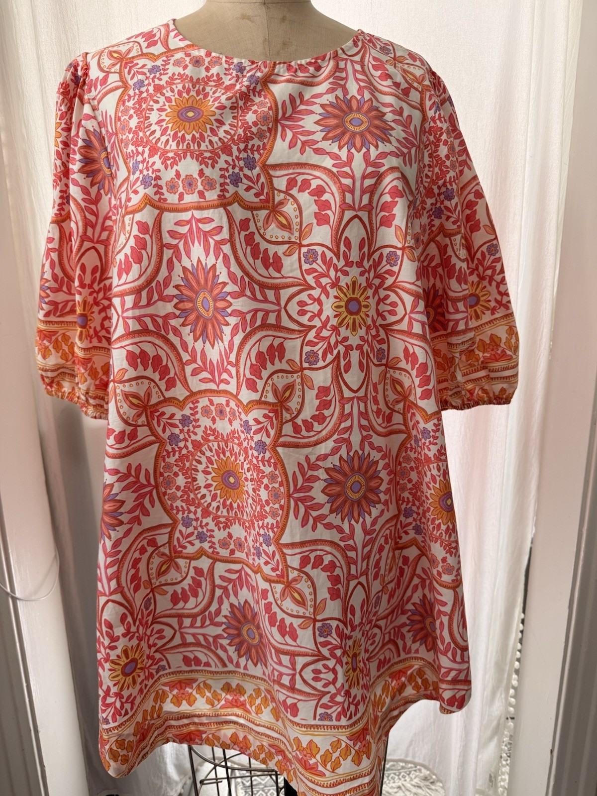 Olivaceous Floral Cotton Woven Shift Dress White Red Orange Purple Puff Sleeve M