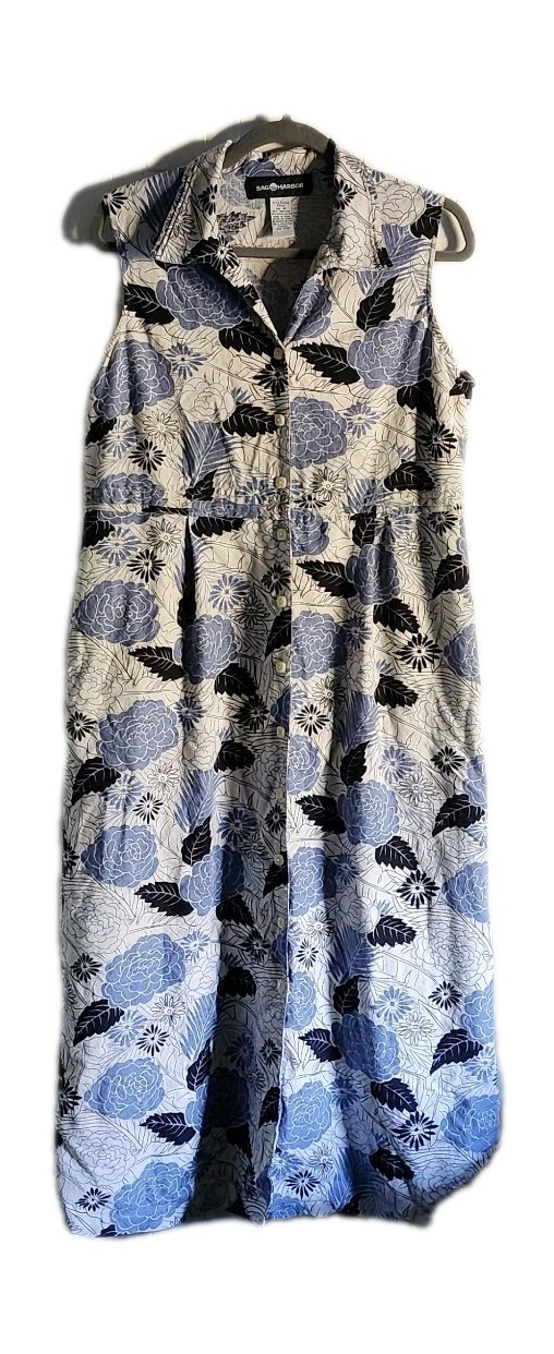 Sag Harbor Women’s Dress Size 14 Blue White Floral Sleeveless Button Front