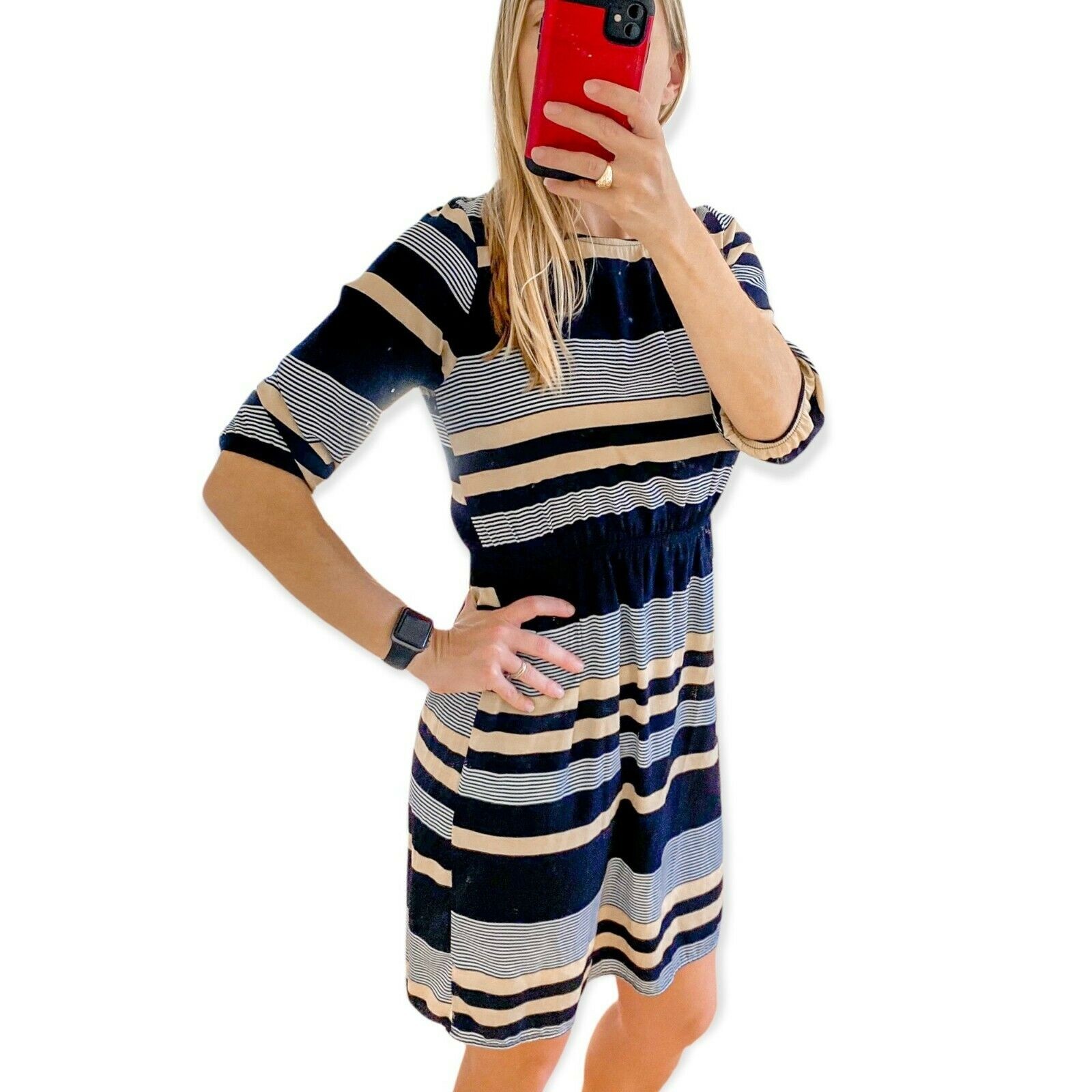 Needle & Thread Navy Gold Striped Fit and Flare Above Knee Dress Size Small