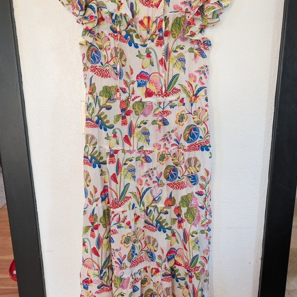 J.McLaughlin Fram Maxi Dress Neon Floral Flutter Sleeve Boho Resort Florida