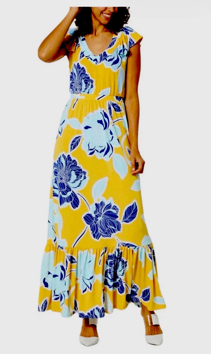 IMAN Global Chic Yellow Blue Floral Maxi Dress Resort Summer Cruise Petite M NWT