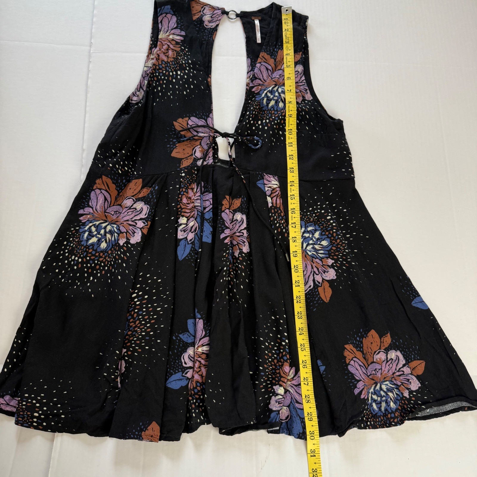 Free People Lovely Day Tie Front Mini Dress Tunic Black Floral Open Back XS