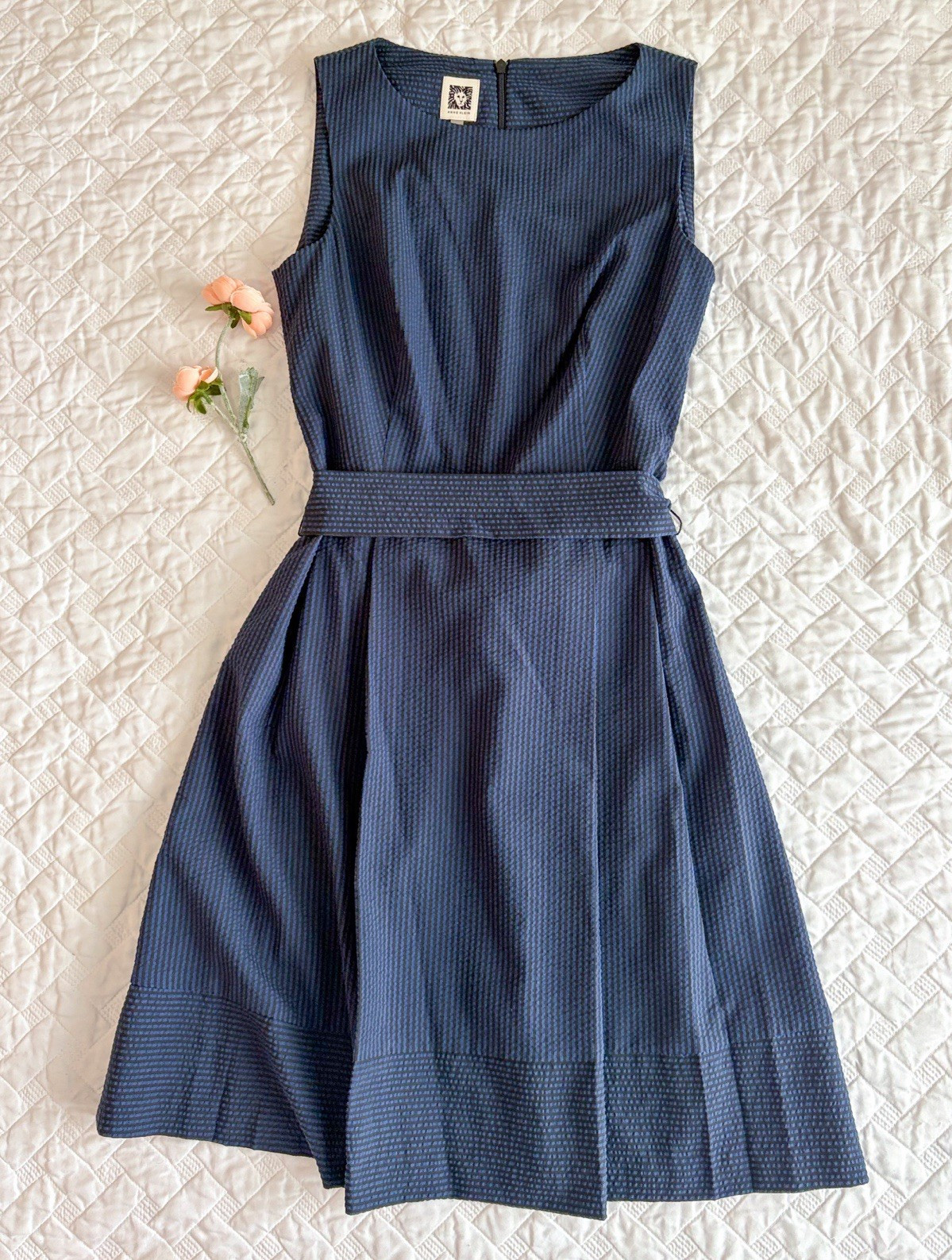 Anne Klein Blue/Black Striped Seersucker A-Line Belted Bow Dress Sz 4