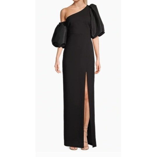 Likely Natasha Black One Shoulder Puff Sleeve Maxi Dress High Slit Formal Gown 8