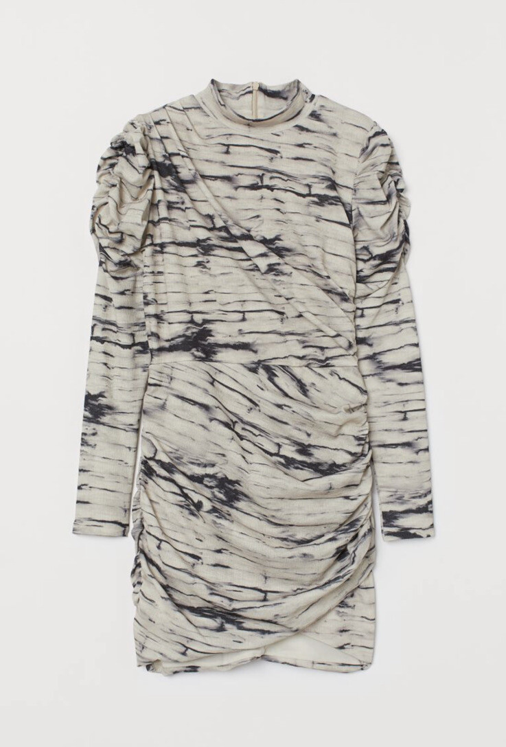 BNWT H&M Draped SHORT SEXY MINI Dress Light Beige Patterned Tie Dyed – Sz M