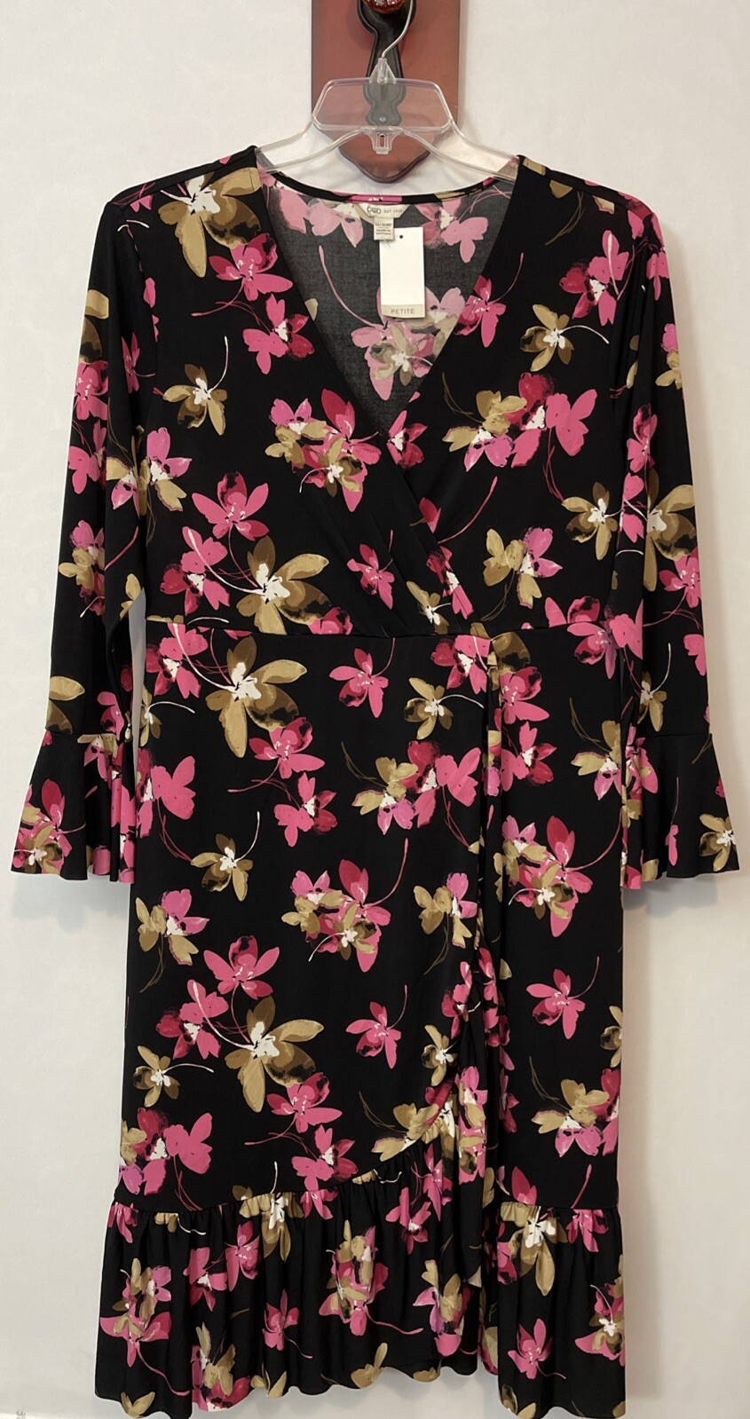 Cato Womens -14/16w Petite- Black Floral Wrap-Style Vneck Midi Dress NWT! M1458