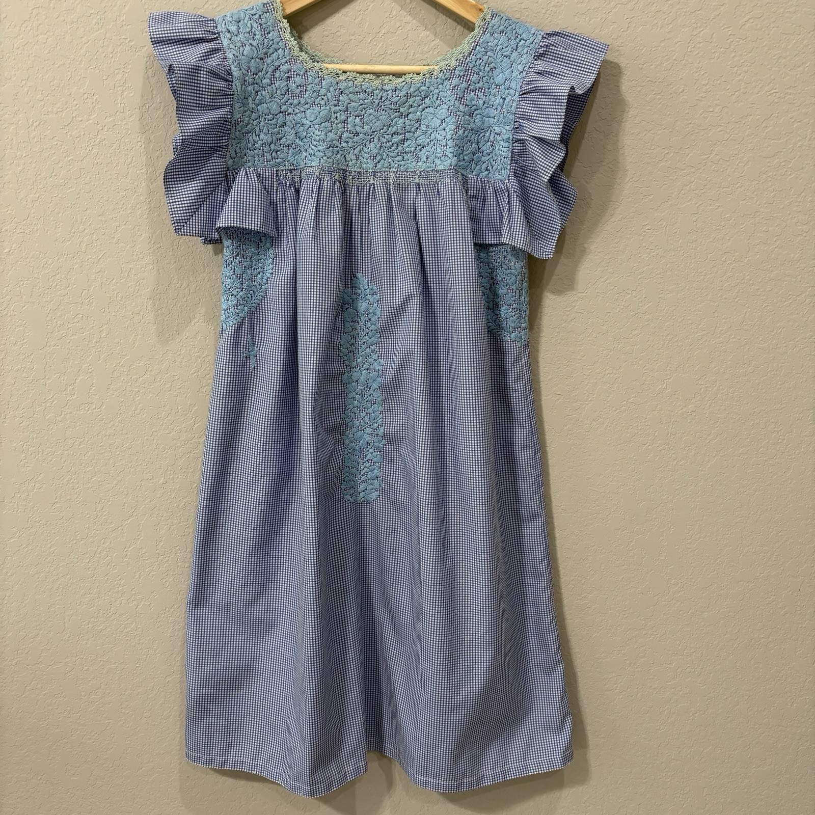 Mi Golondrina Dress Womens Small Blue Gingham Floral Hand Embroidered Mexico