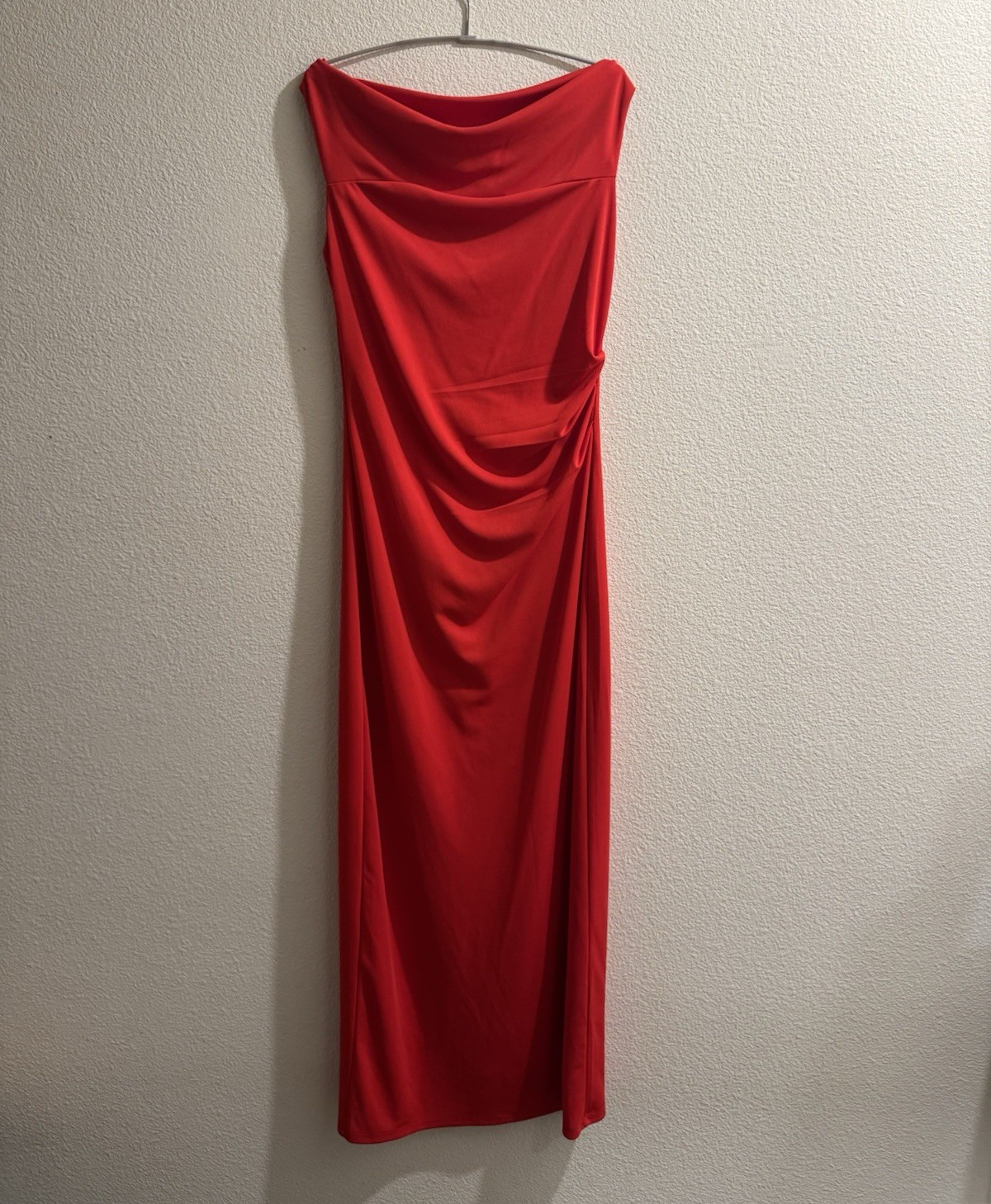 Red Cowl Neck Strapless Draped Stretch Solid Maxi Dress, Women’s Size S